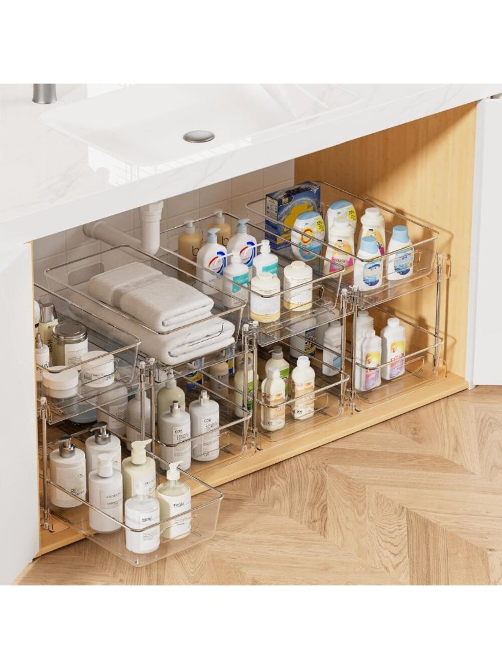 4 Pack Under Sink Organizer Bins - Pull Out Storage for Bathroom & Kitchen